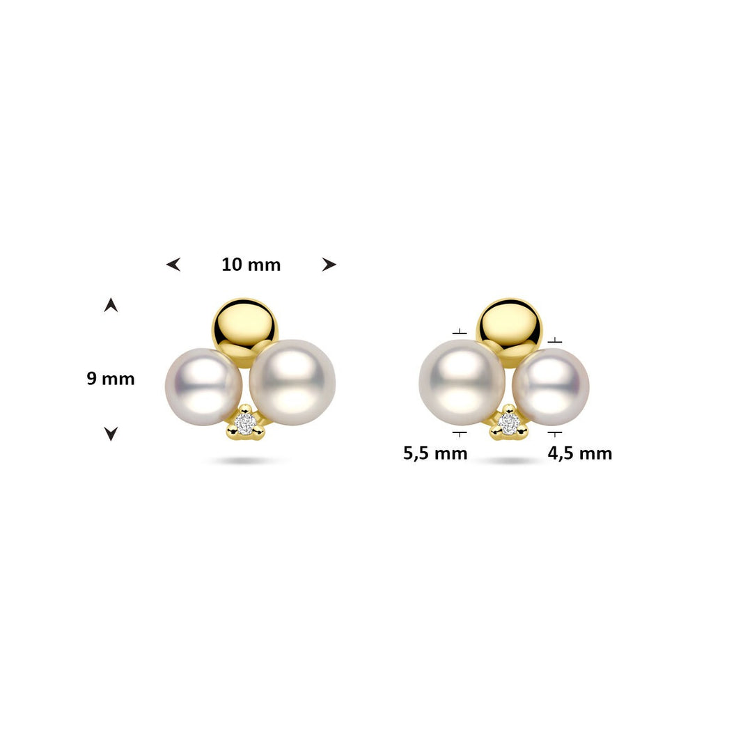 Gouden oorbellen met parel en diamant – 14k dames oorknopjes 0.02ct (2x 0.01ct) h si 9 mm