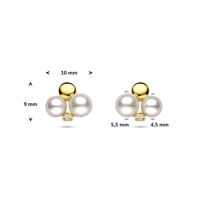 Gouden oorbellen met parel en diamant – 14k dames oorknopjes 0.02ct (2x 0.01ct) h si 9 mm