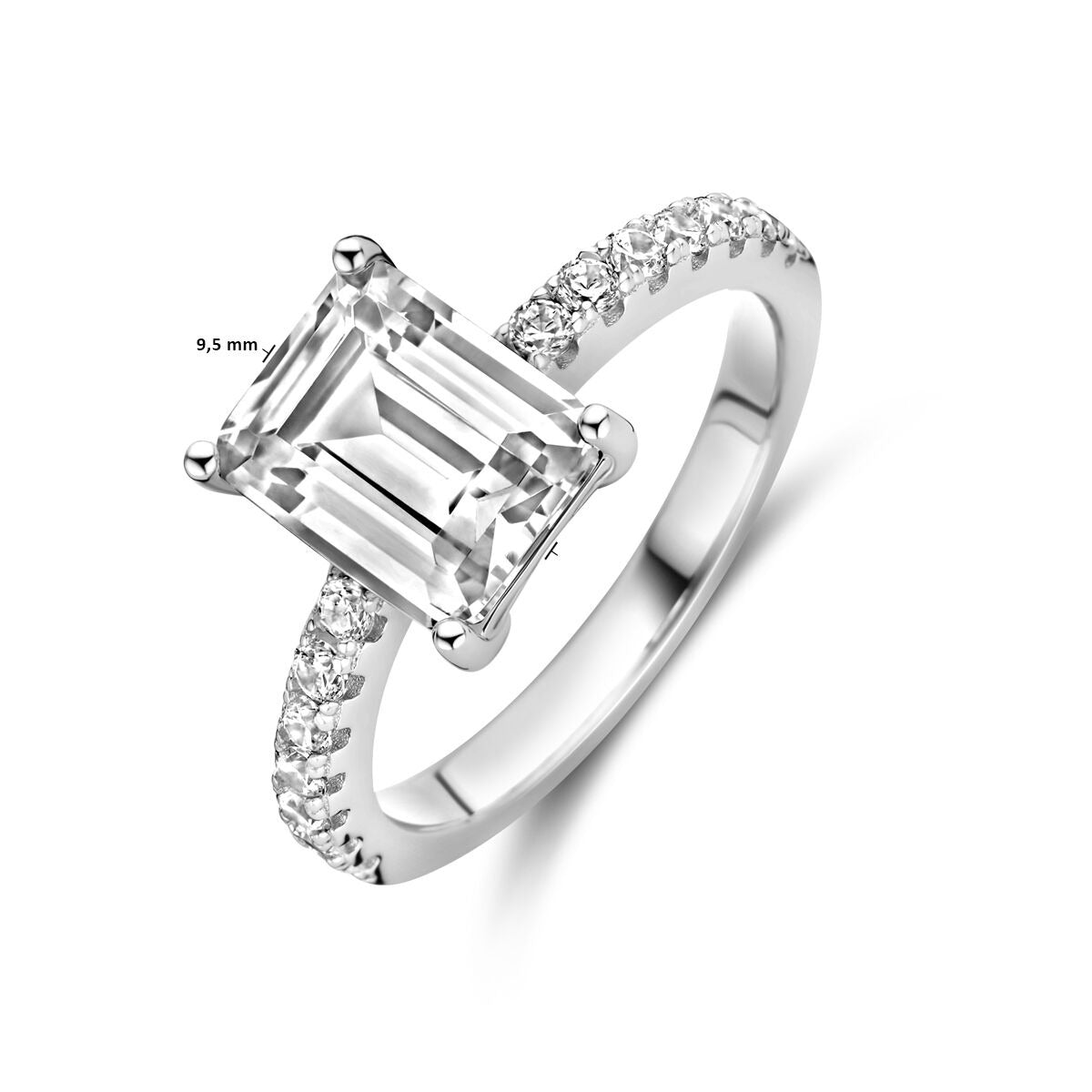Zilveren damesring met emerald cut zirkonia – gerhodineerd 925 zilver, 9,5 mm breed