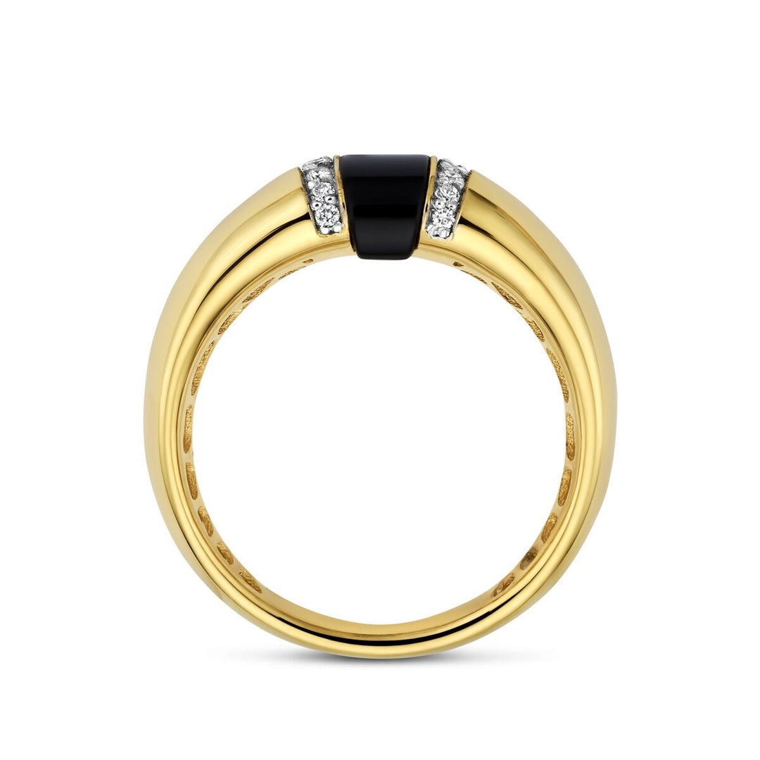 14k Geelgouden dames ring met onyx en diamant – 6,5 mm breed