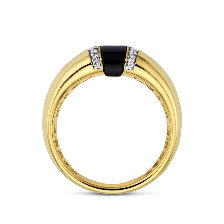 14k Geelgouden dames ring met onyx en diamant – 6,5 mm breed