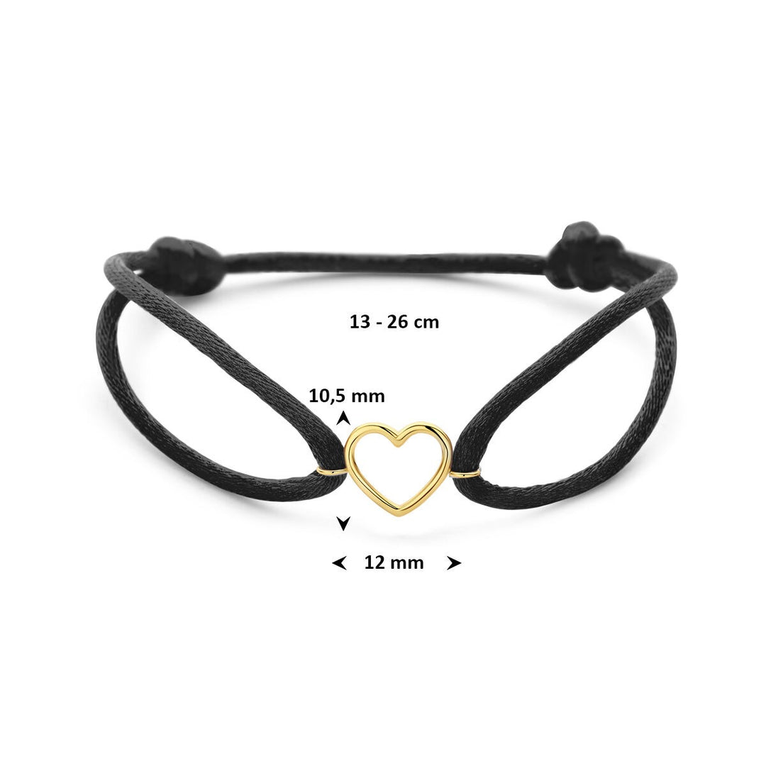 Satijnen dames armband met 14k geelgouden hartje – Liefdescadeau in zwart en goud