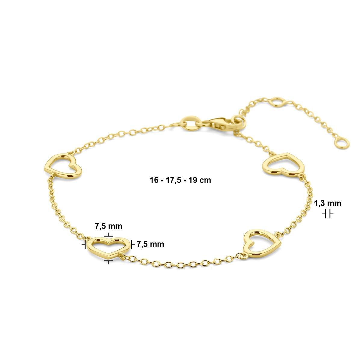 bracelet hearts 16 - 17.5 - 19 cm 14K yellow gold