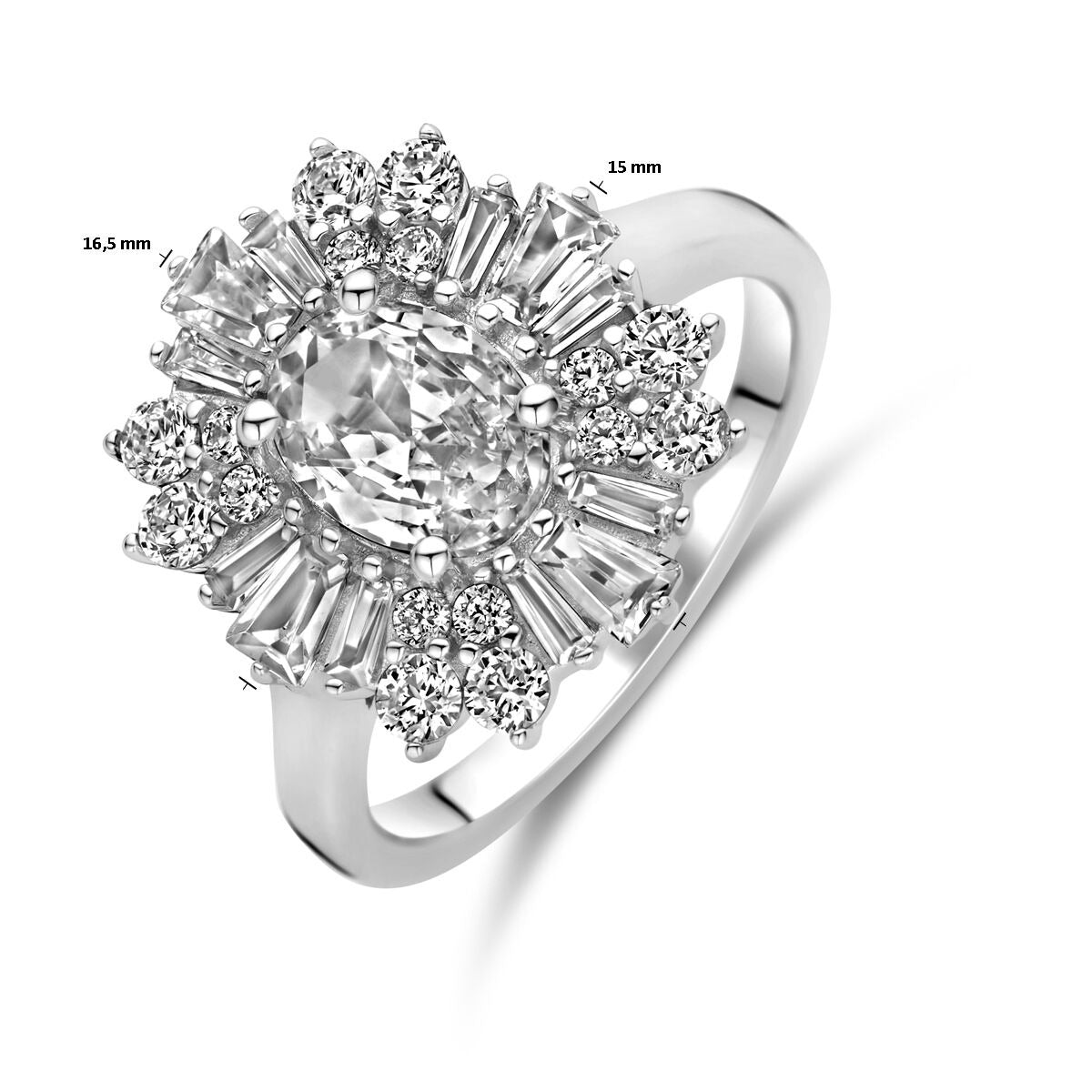 Zilveren damesring met ovale zirkonia – gerhodineerd 925 zilver, 14,5 mm breed