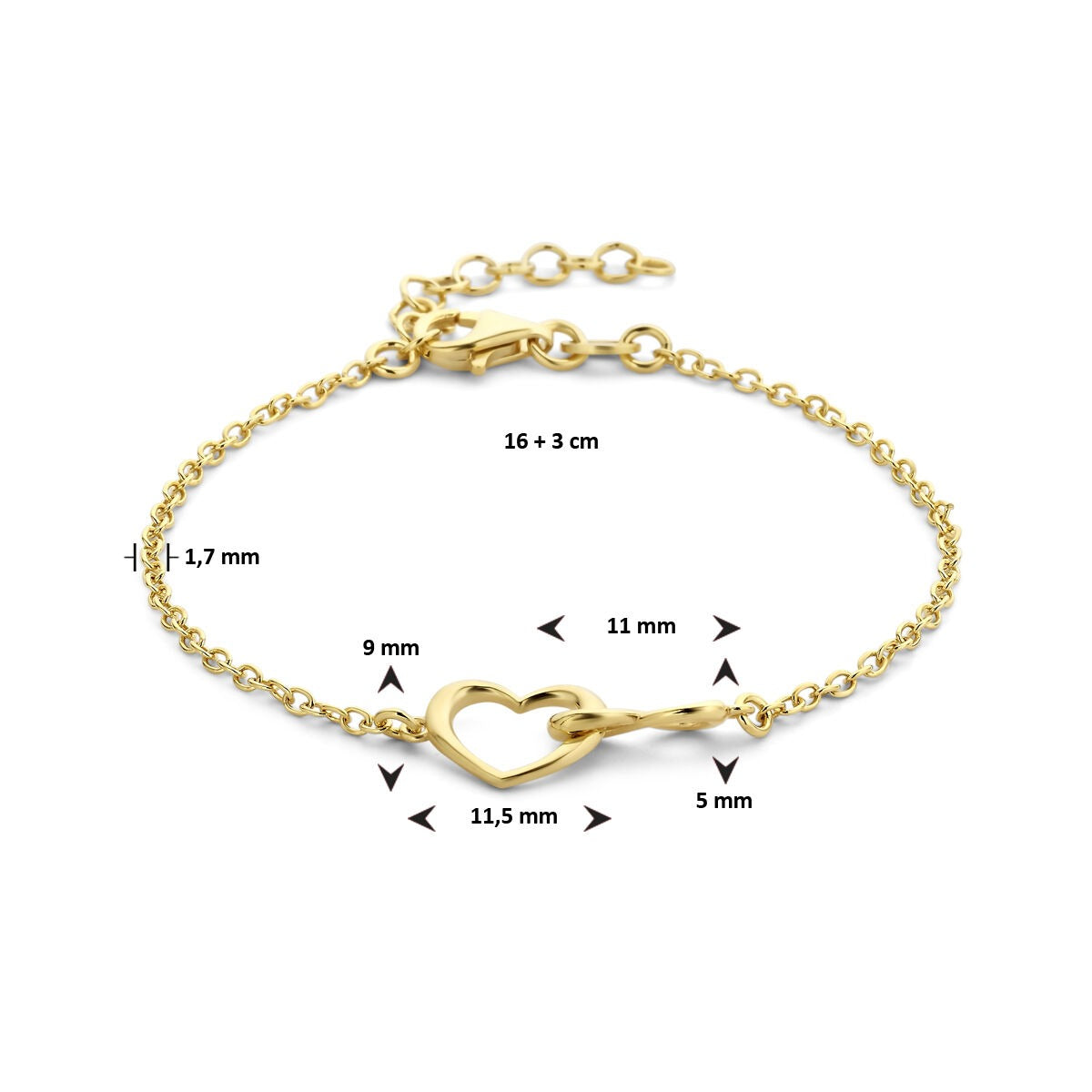 Verguld Zilveren Armband met Hart en Infinity – 16-19 cm