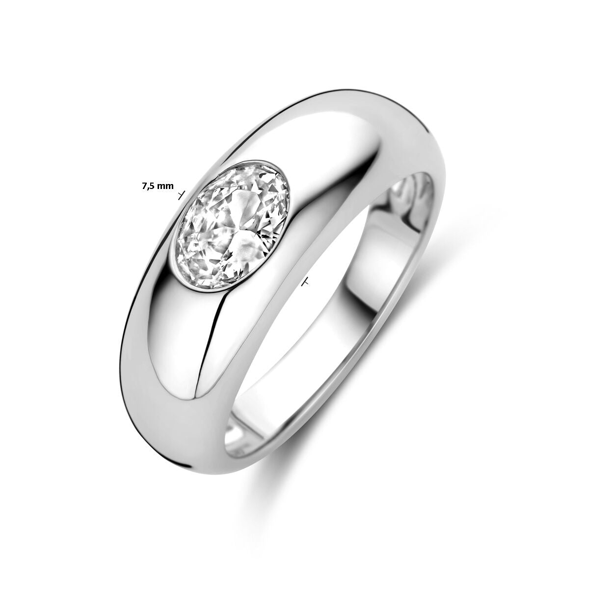 Zilveren ring met ovale zirkonia – gerhodineerd 925 zilver, 7,5 mm breed