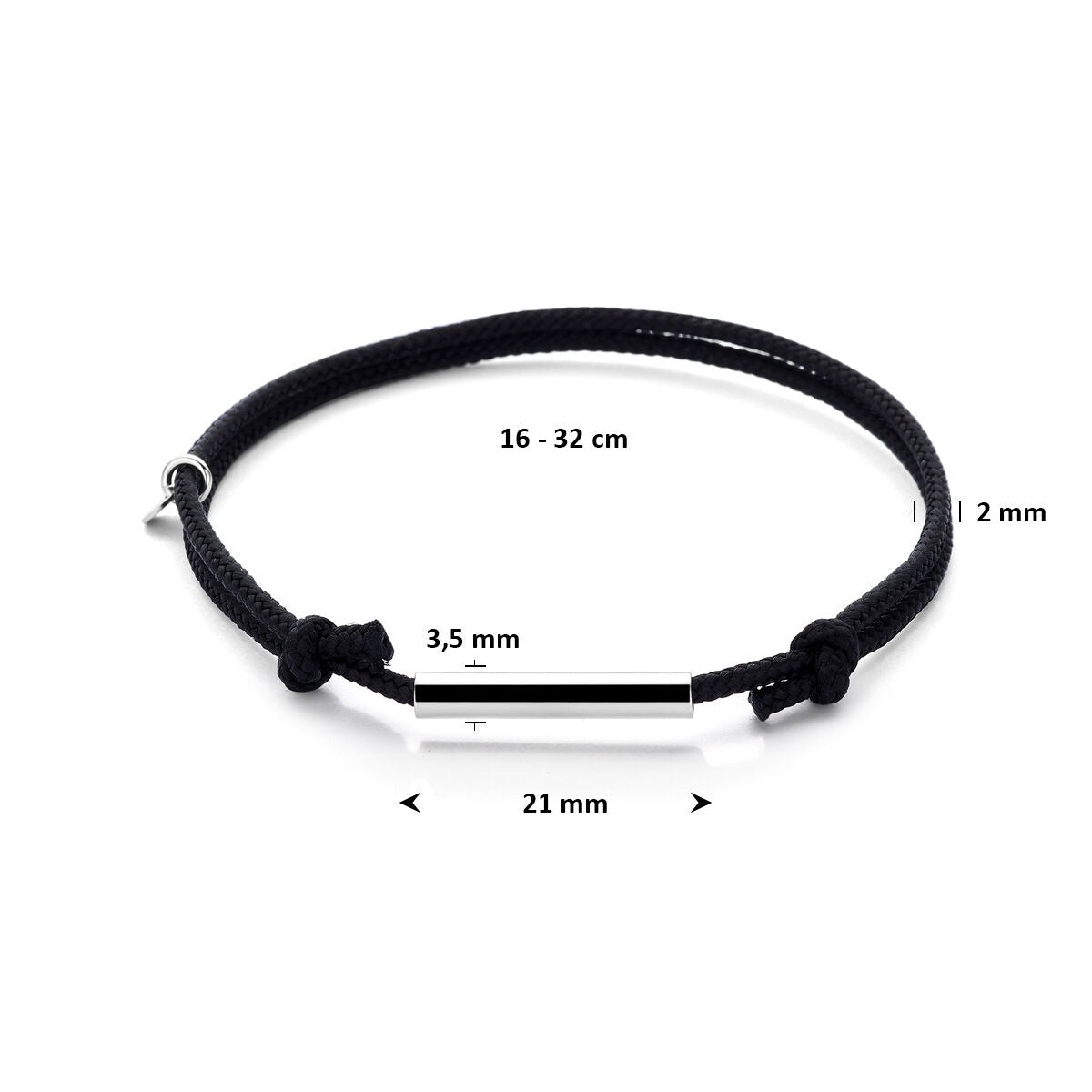 Zwart katoenen armband met gerhodineerd staafje