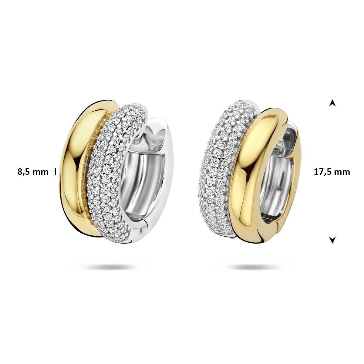 Verguld zilveren oorringen dames met zirkonia – bicolor klapoorringen 17.5 mm