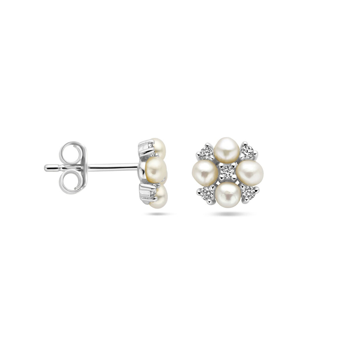 Zilveren dames oorknoppen met zoetwaterparel en zirkonia – gerhodineerd 7.5 mm