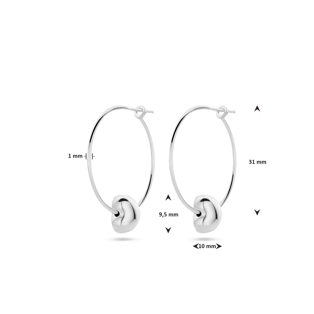 Zilveren dames oorringen met hart – gerhodineerd 31 mm