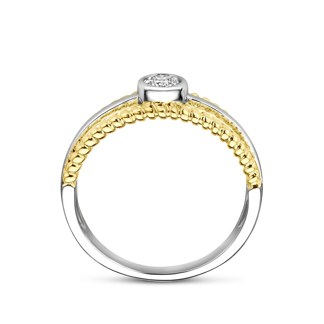 Geelverguld en gerhodineerd 925 zilveren ring met zirkonia