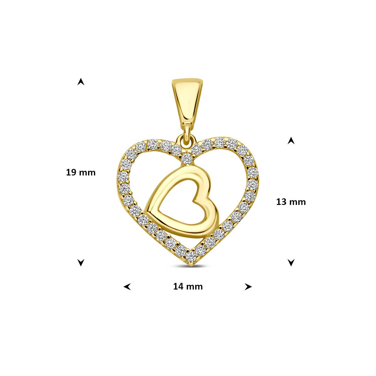 9k Geelgouden hanger dubbel hart met zirkonia