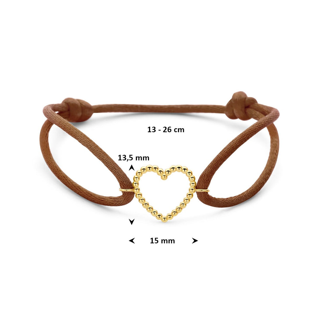 Bruin satijnen armband met 14k gouden hartje