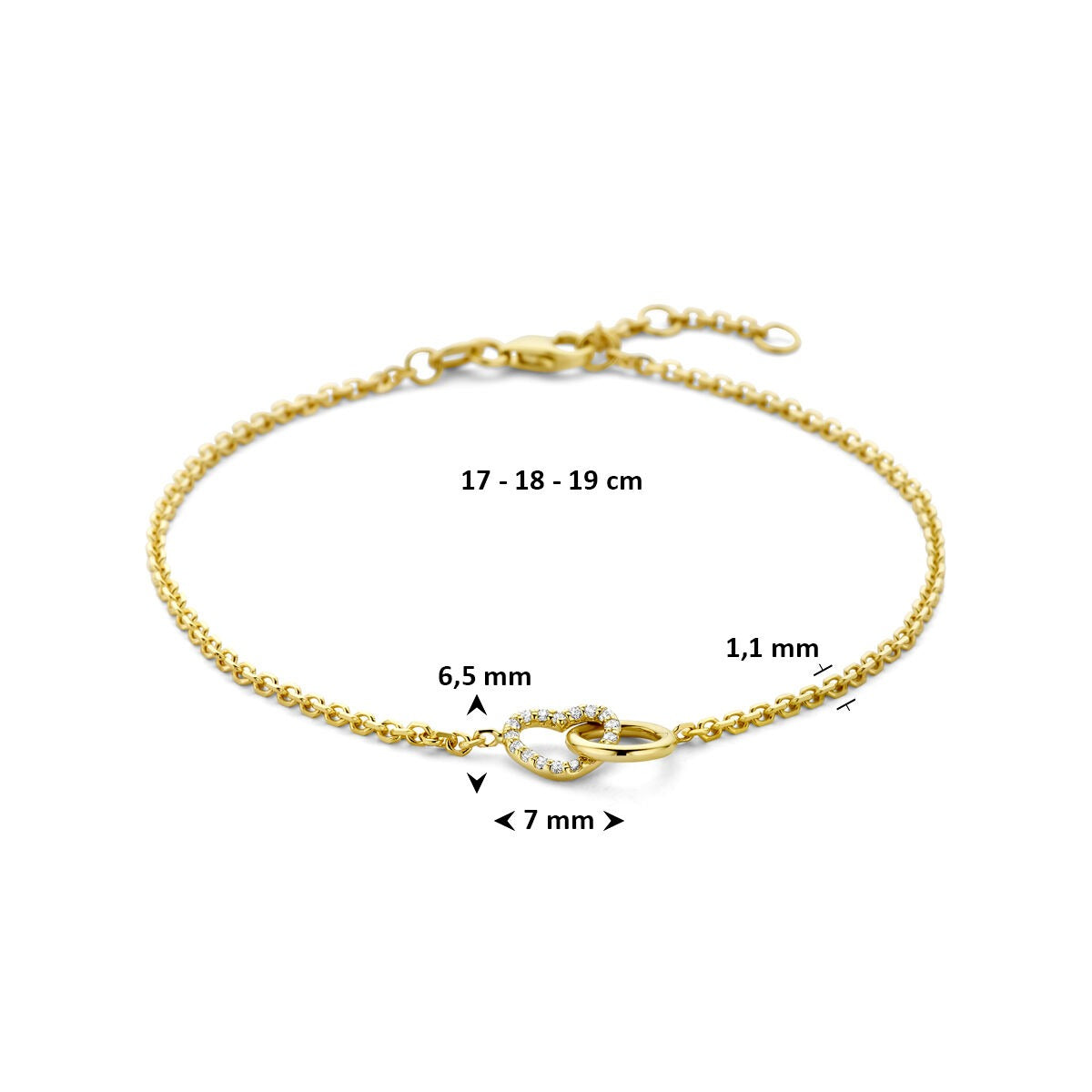 14k Geelgouden armband met rondje en hartje lab grown diamant 0.09ct