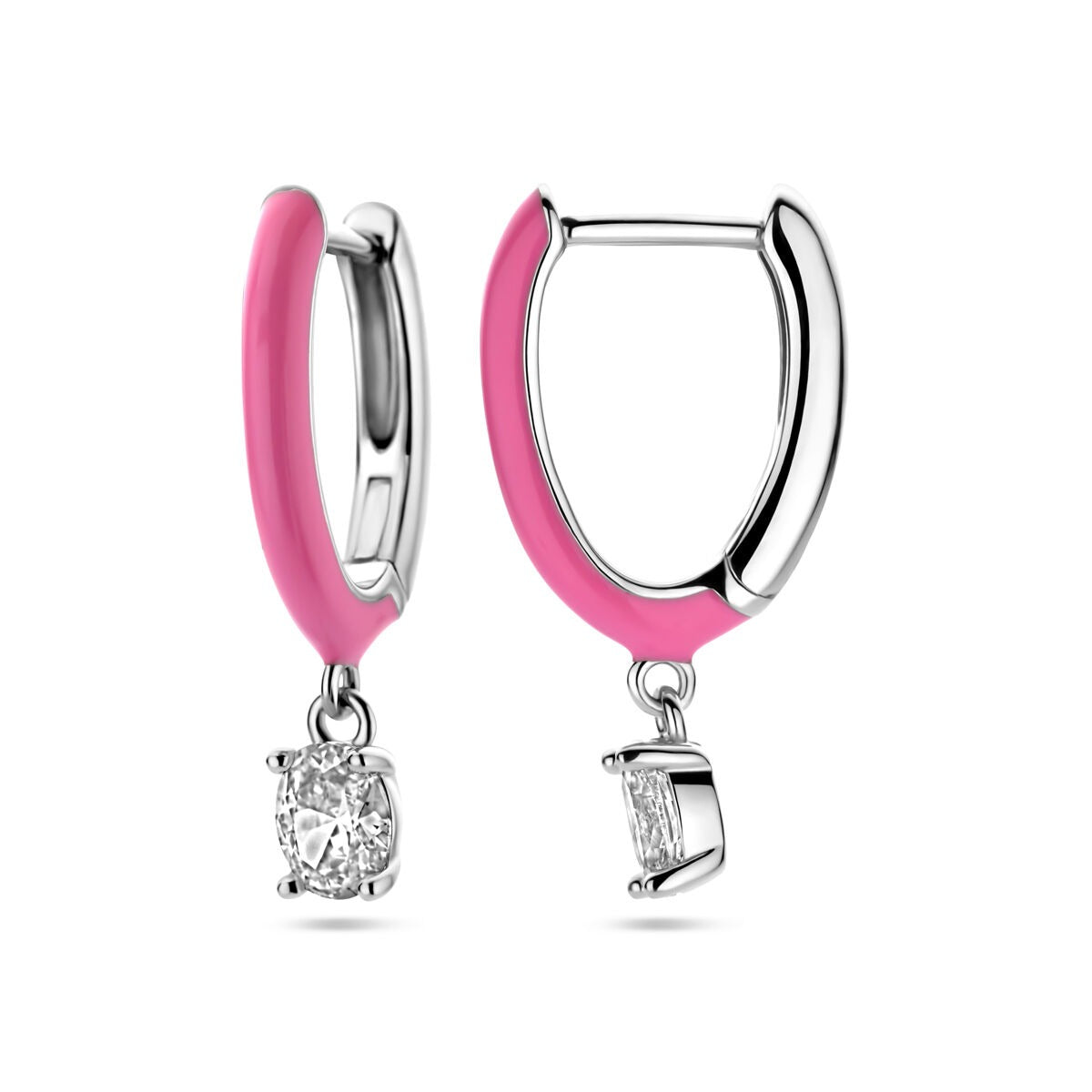 Zilveren klapoorringen met zirkonia en roze emaille – gerhodineerd 925 zilver