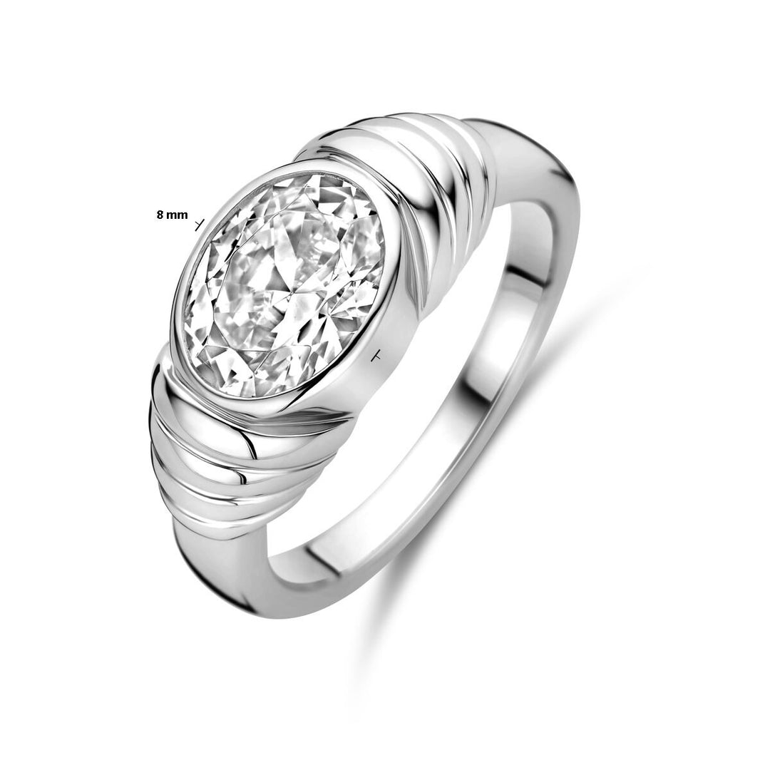 Zilveren ring met ovale zirkonia – gerhodineerd 925 zilver, 8 mm breed