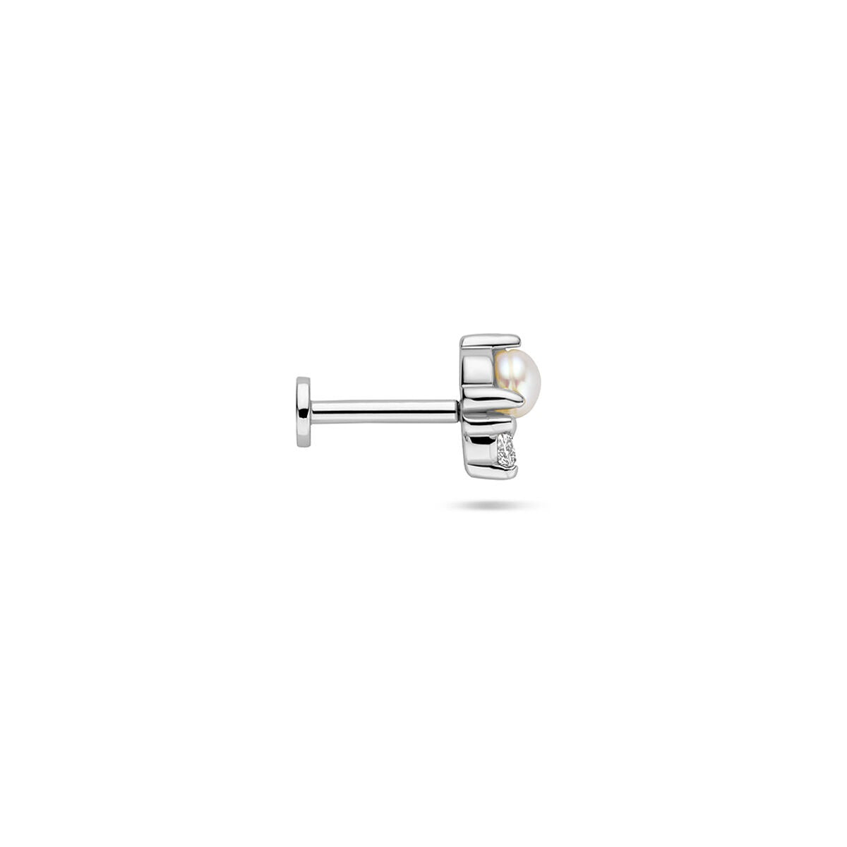 Gerhodineerd zilveren flat back piercing met parel en zirkonia