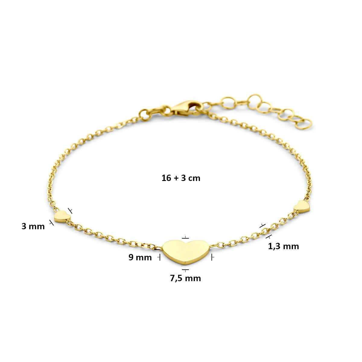 14k Geelgouden armband met hartjes