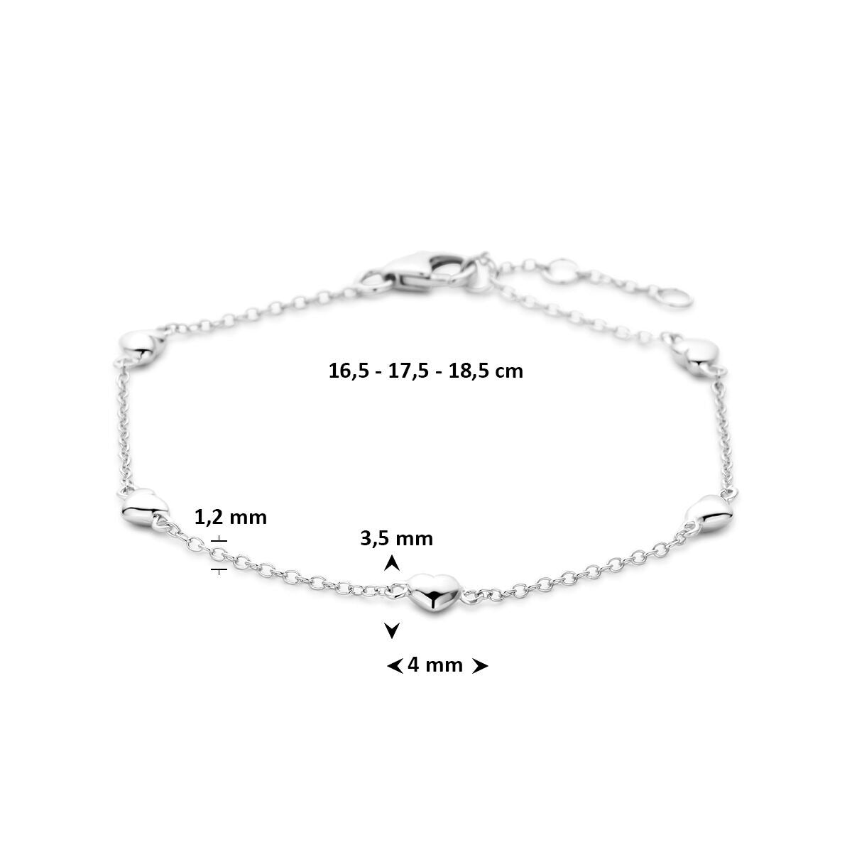 Zilveren dames armband met hartjes – gerhodineerd 18.5 cm