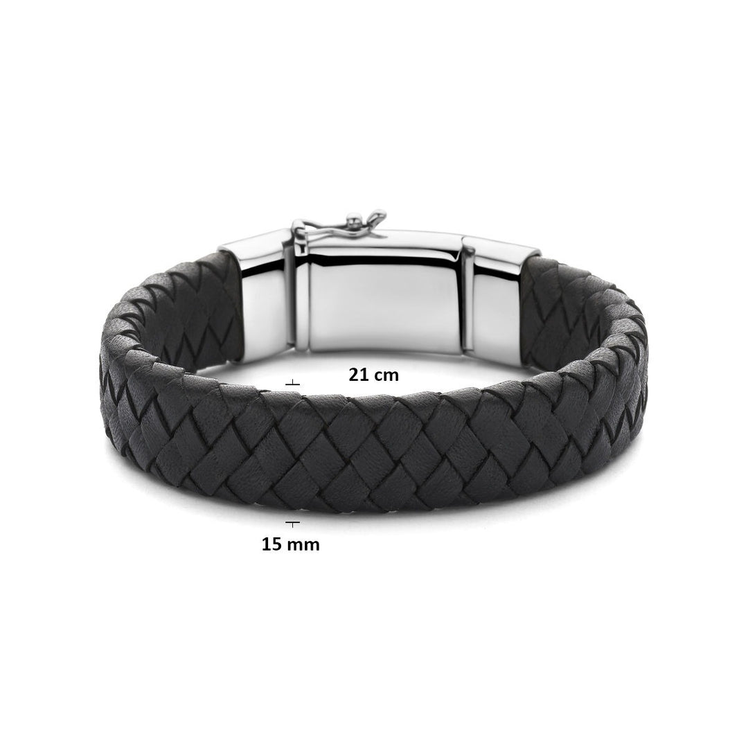 Leren Heren Armband Zwart met Gerhodineerd Zilver – 21 cm
