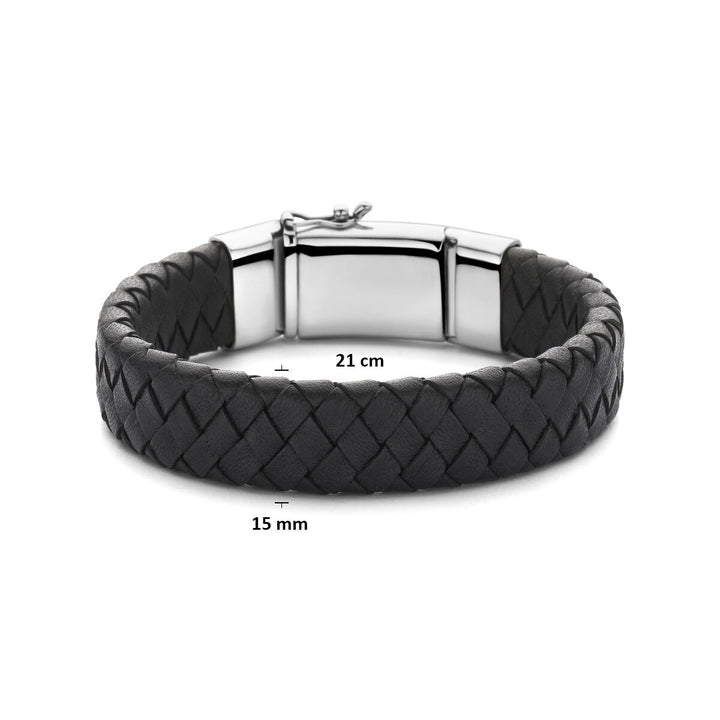 Leren Heren Armband Zwart met Gerhodineerd Zilver – 21 cm