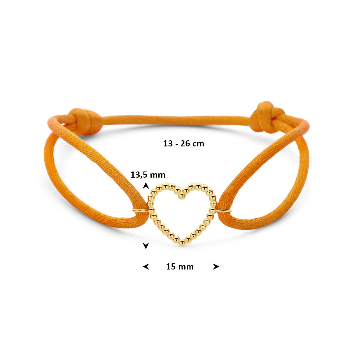 Oranje satijnen dames armband met 14k geelgouden hartje – Een warm gebaar van liefde