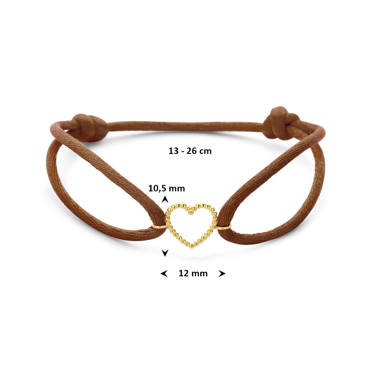 Bruine satijnen dames armband met 14k geelgouden hartje – Verfijnd symbool van liefde