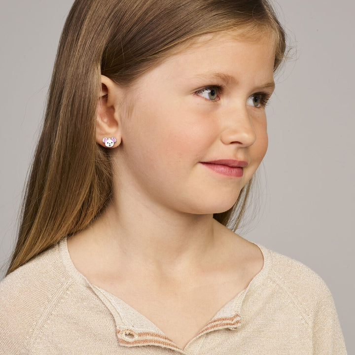 Zilveren kinder oorknoppen met emaille muis – gerhodineerd