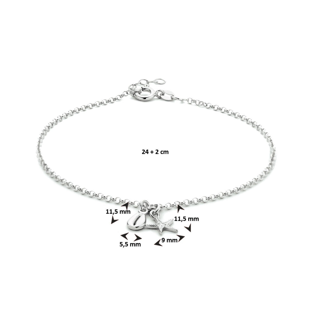 Gerhodineerd Zilveren Enkelbandje met Ster en Schelp – 24-26 cm