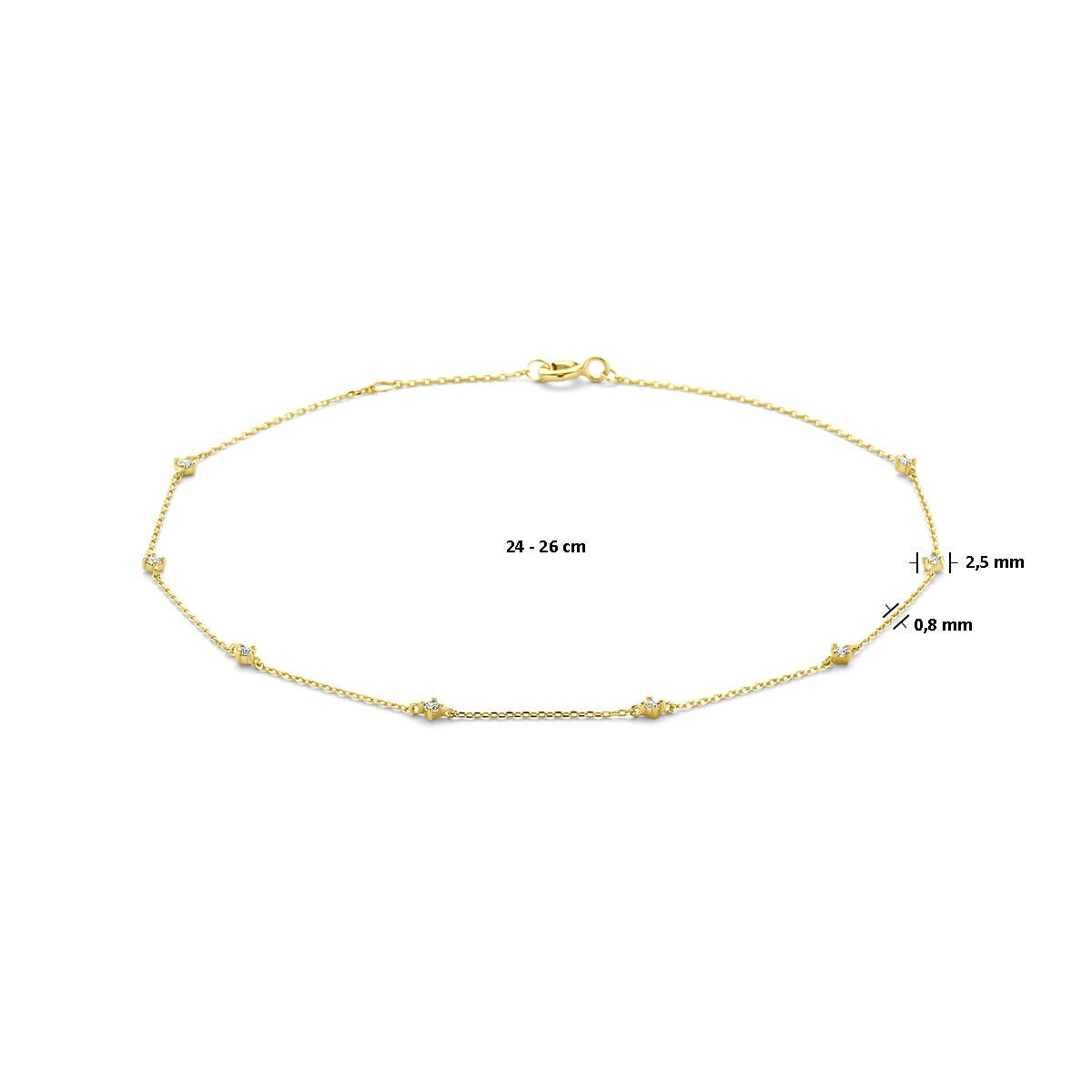 14k geelgouden enkelbandje met zirkonia – verstelbaar van 24 tot 26 cm