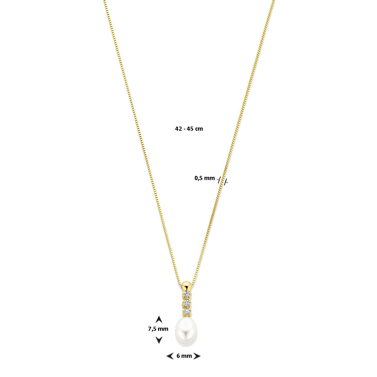 14k geelgouden collier met zirkonia en zoetwaterparel
