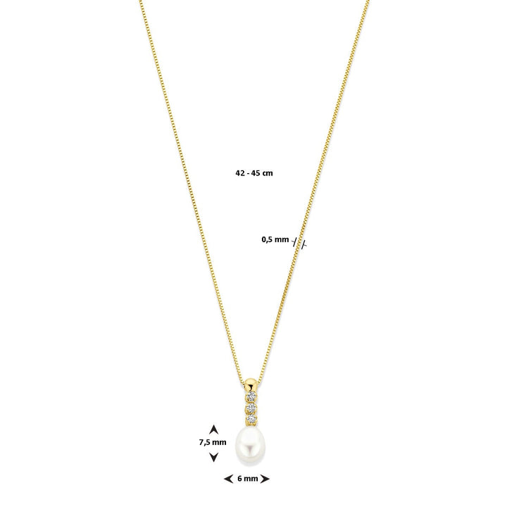 14k geelgouden collier met zirkonia en zoetwaterparel