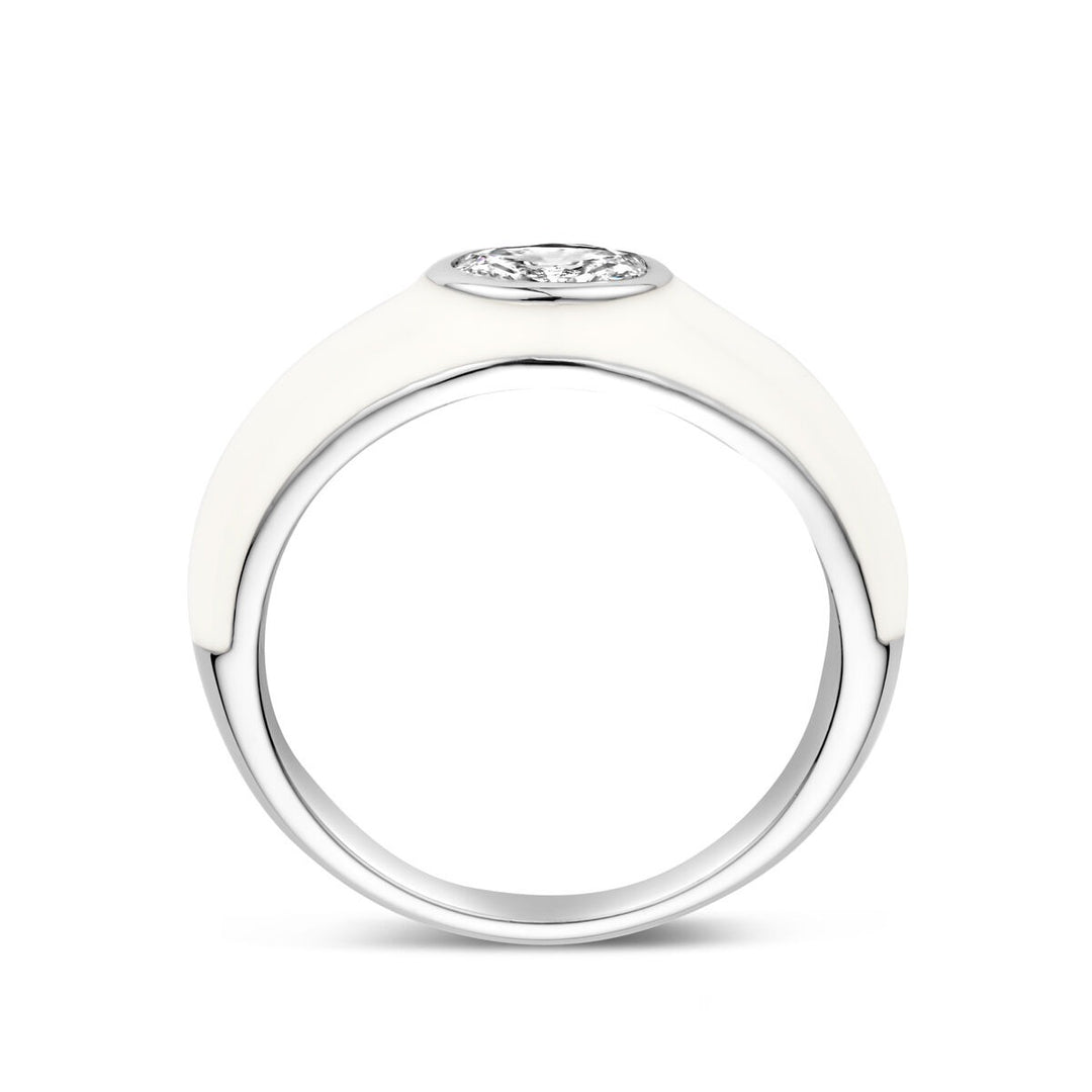925 Gerhodineerd Zilveren Ring met Wit Emaille en Zirkonia