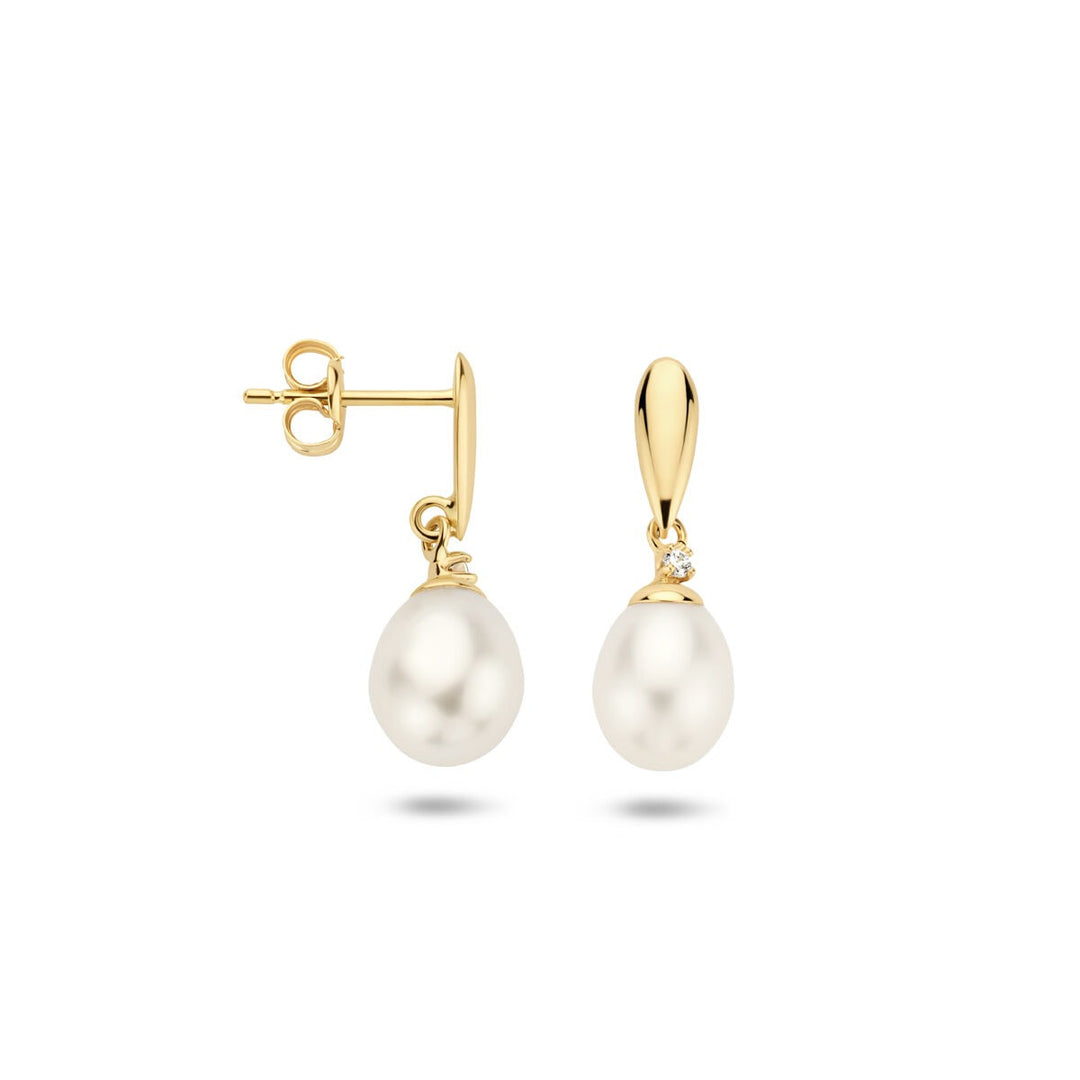 Gele Goudkleurige Oorhangers 9k met Zoetwaterparel en Zirkonia – Dames