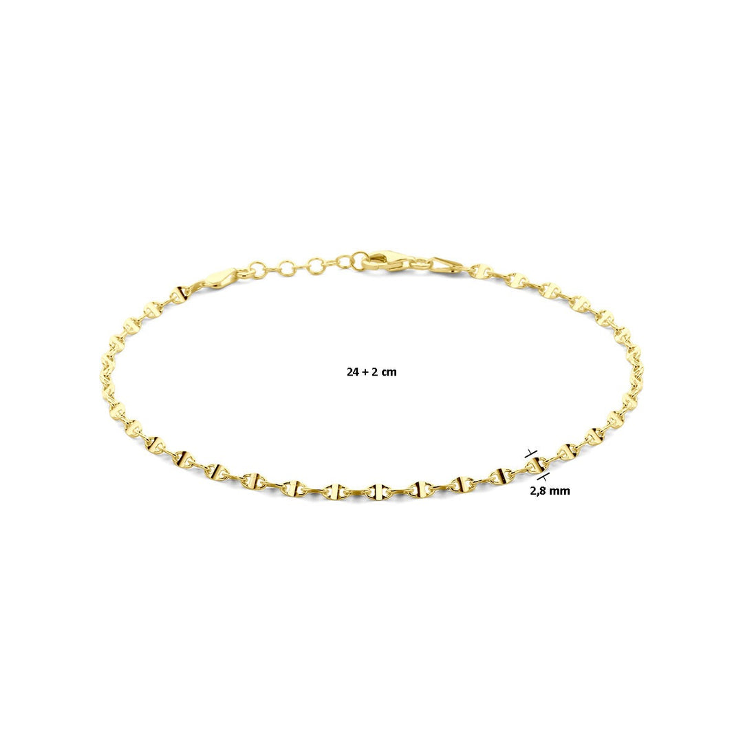 Verguld zilveren enkelbandje met koffieboon schakel – 24 tot 26 cm, 2,8 mm breed