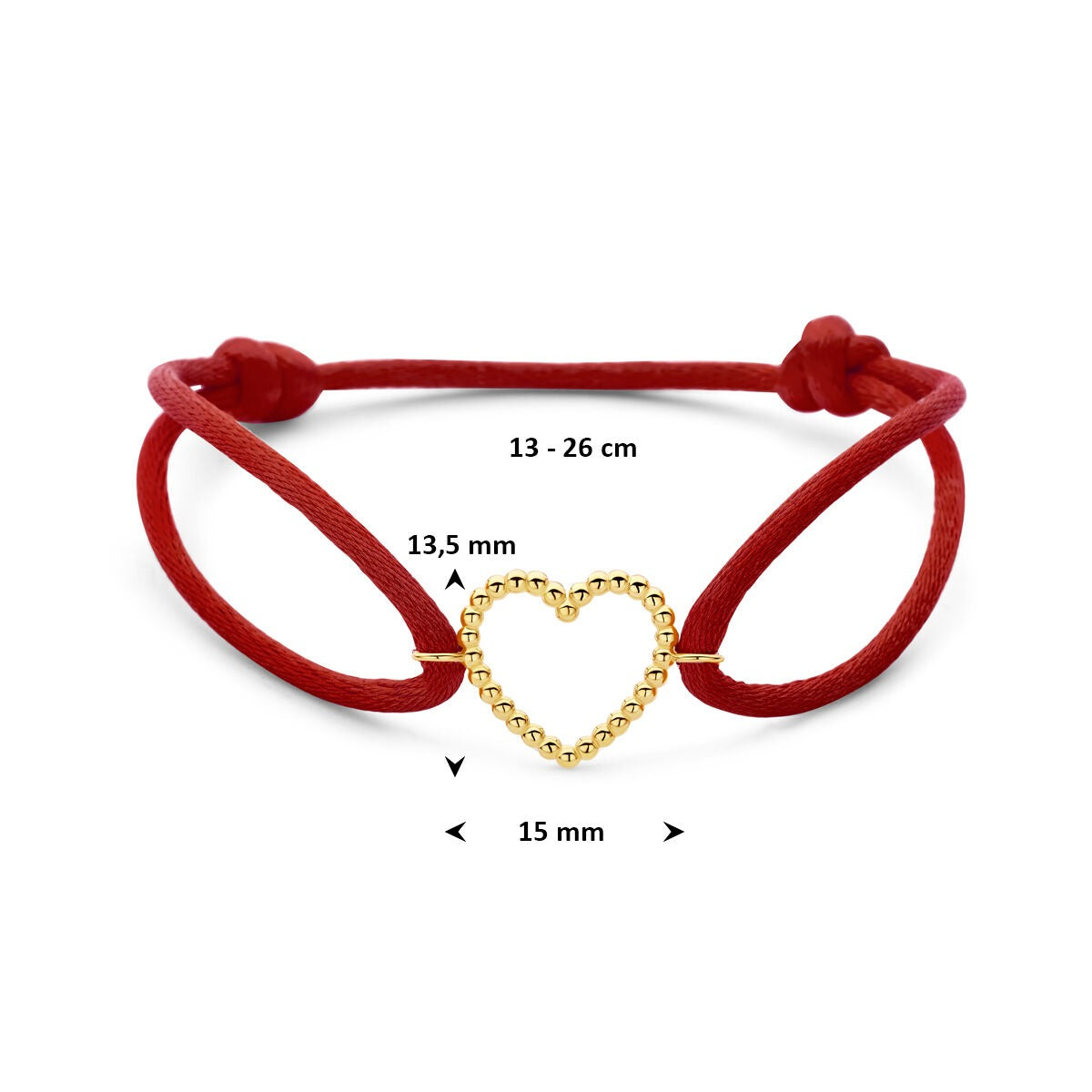 Rode satijnen armband met 14k gouden hartje