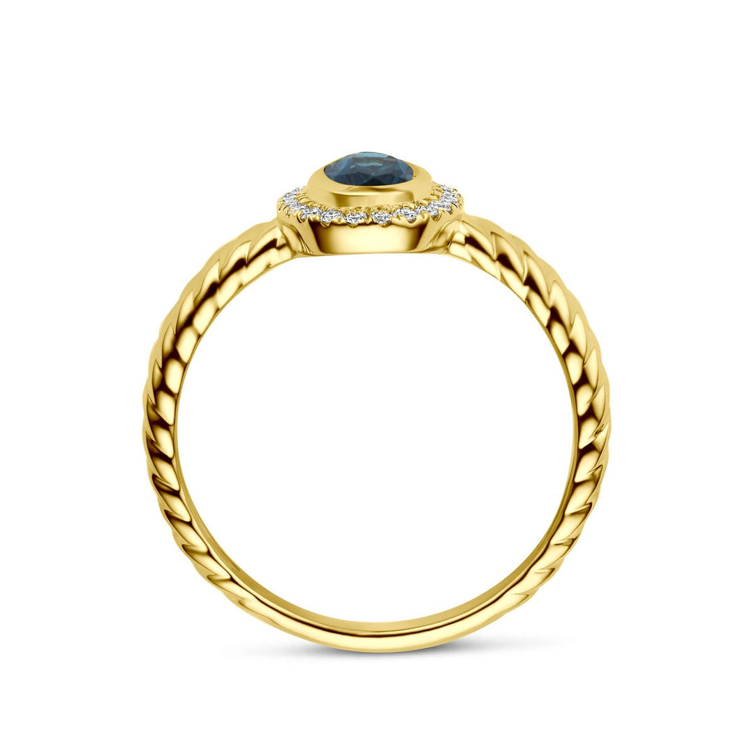 14k Geelgouden ring met London blue topaas en lab grown diamant