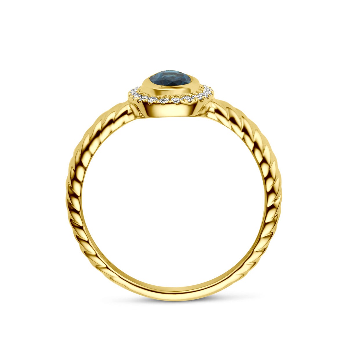 14k Geelgouden ring met London blue topaas en lab grown diamant
