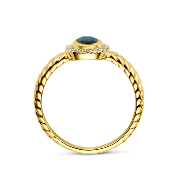 14k Geelgouden ring met London blue topaas en lab grown diamant