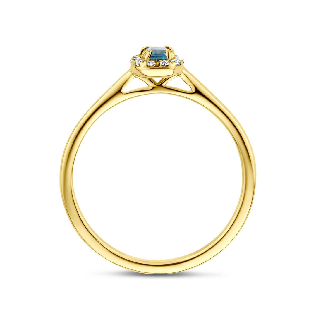 14k Geelgouden entourage ring met London blue topaas en lab grown diamant