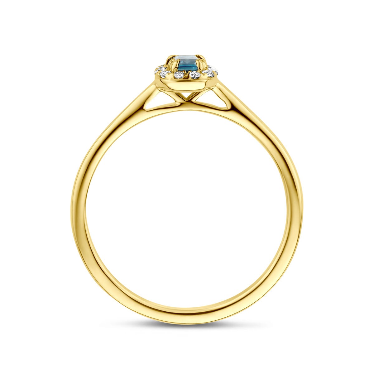 14k Geelgouden entourage ring met London blue topaas en lab grown diamant