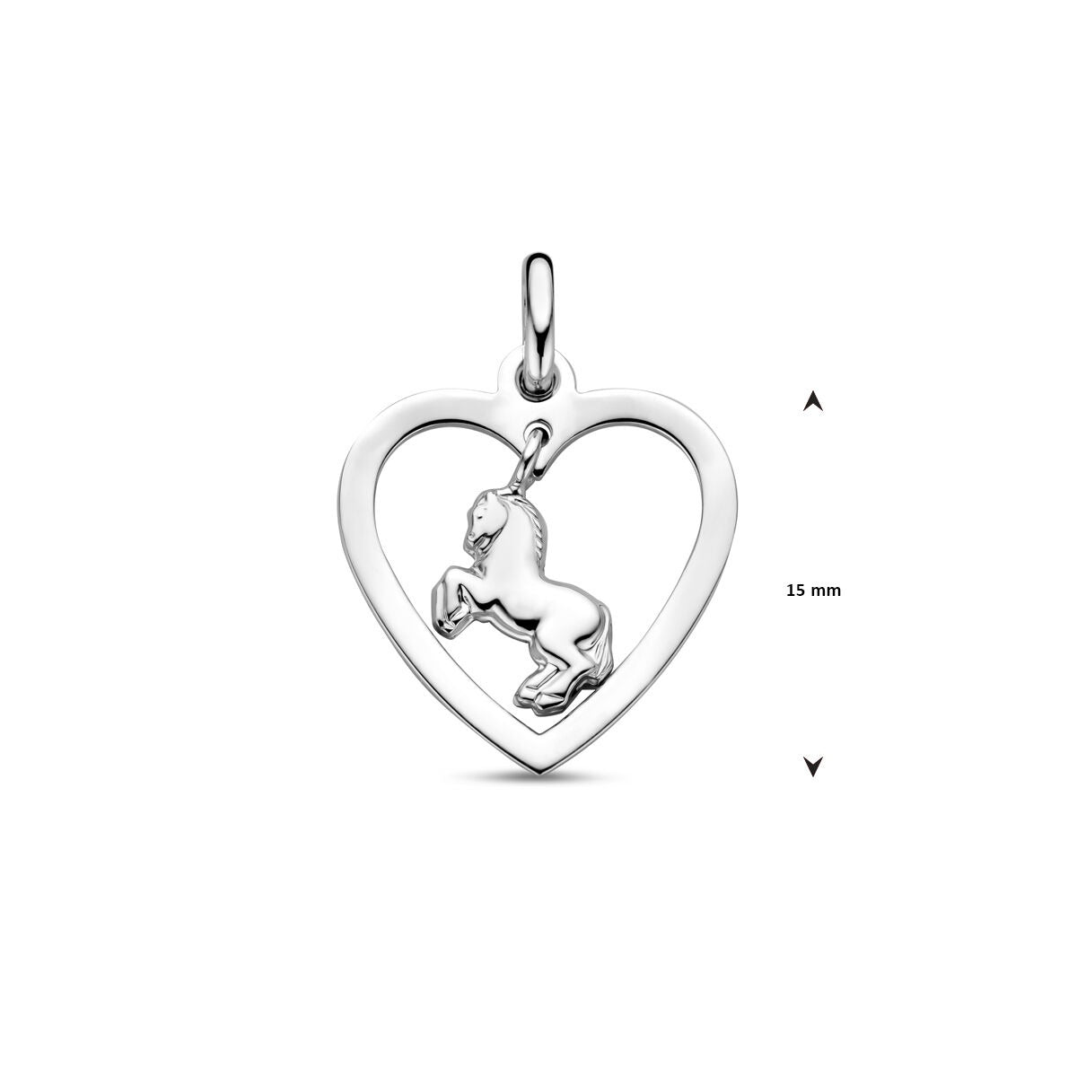 Zilveren kinderhanger hart met paard – gerhodineerd 925 zilver, 20 mm hoog