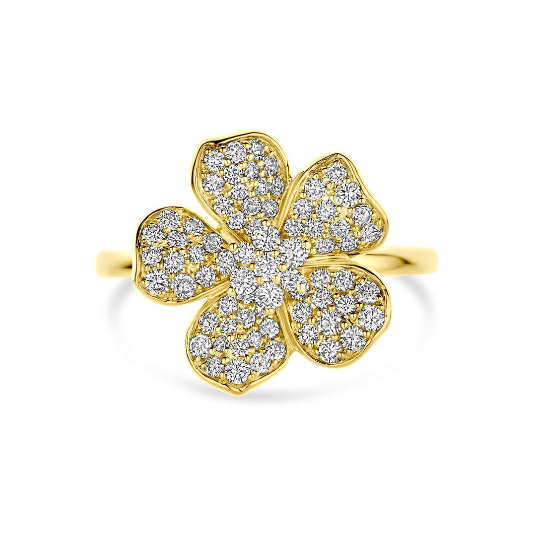 14k Geelgouden Bloemring met Diamant – Elegantie in Bloei voor Dames