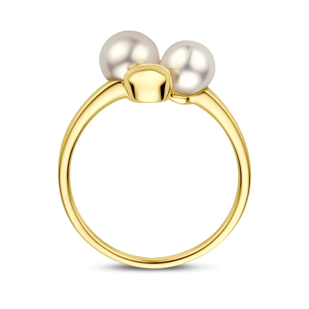 14k Geelgouden damesring met parel en diamant – 11 mm breed