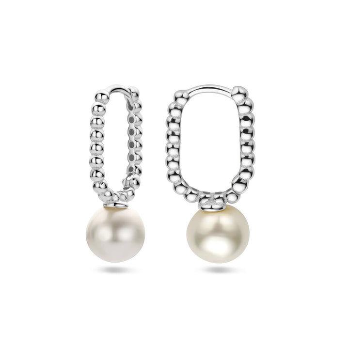 Zilveren dames klapoorringen met synthetische parel – gerhodineerd 20 mm