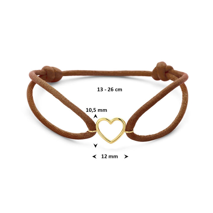 Bruine satijnen dames armband met 14k geelgouden hartje – Subtiel liefdessymbool in warme tinten