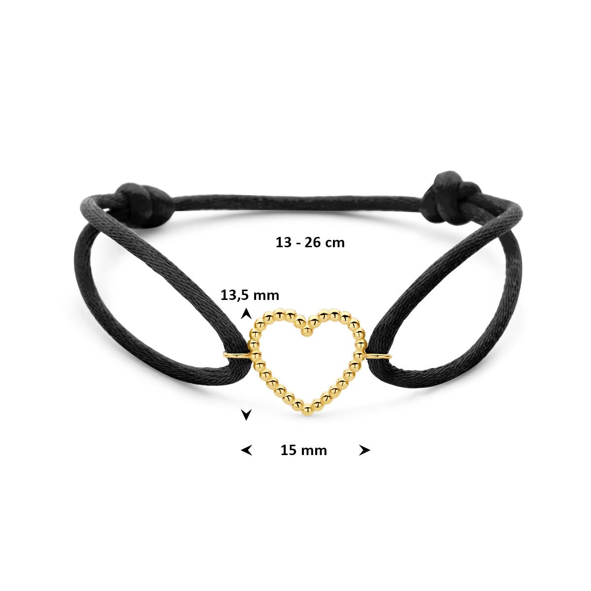 Zwart satijnen armband met 14k gouden hartje