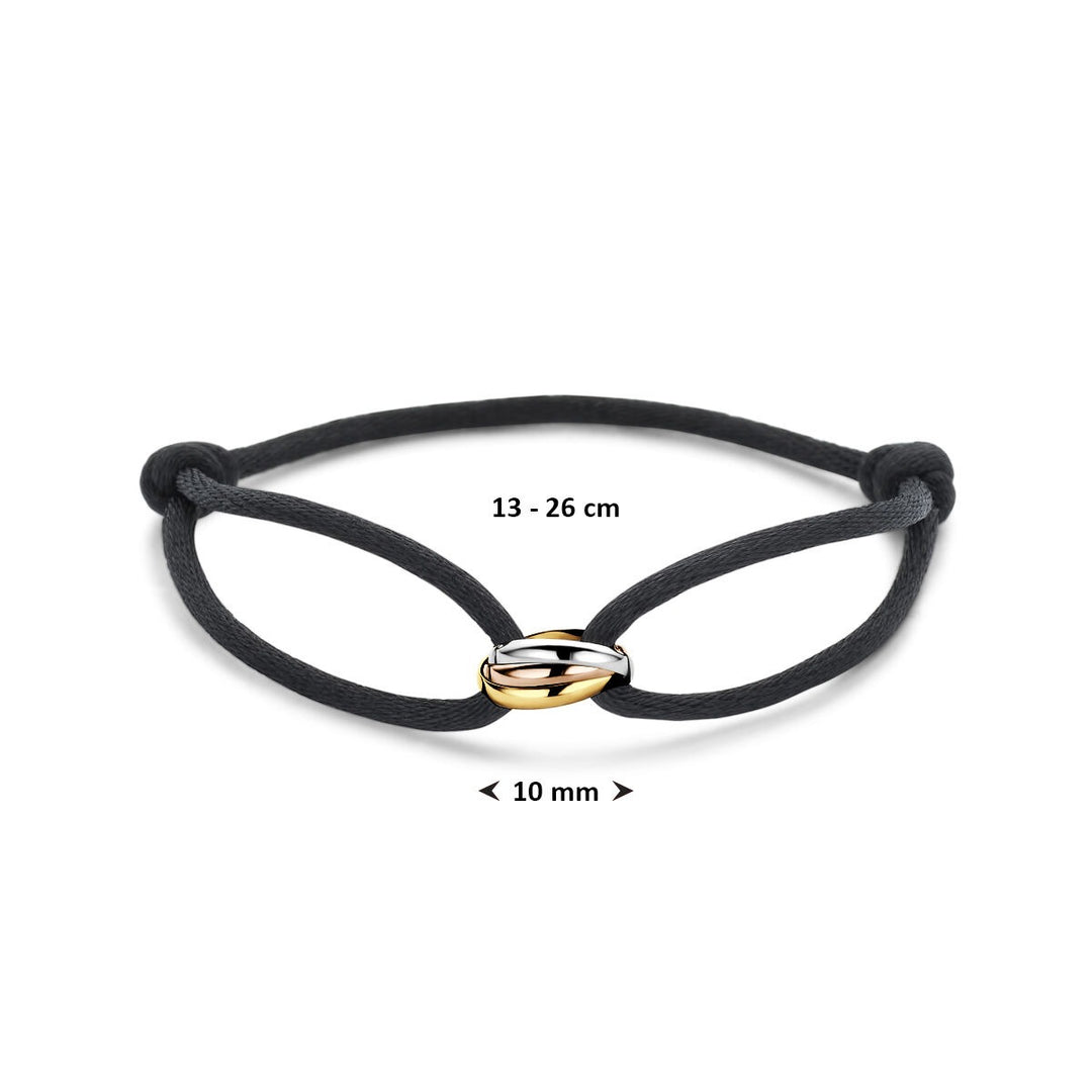 Zwart gevlochten dames armband met 14k tricolor gouden ringetjes – verstelbaar 13-26 cm