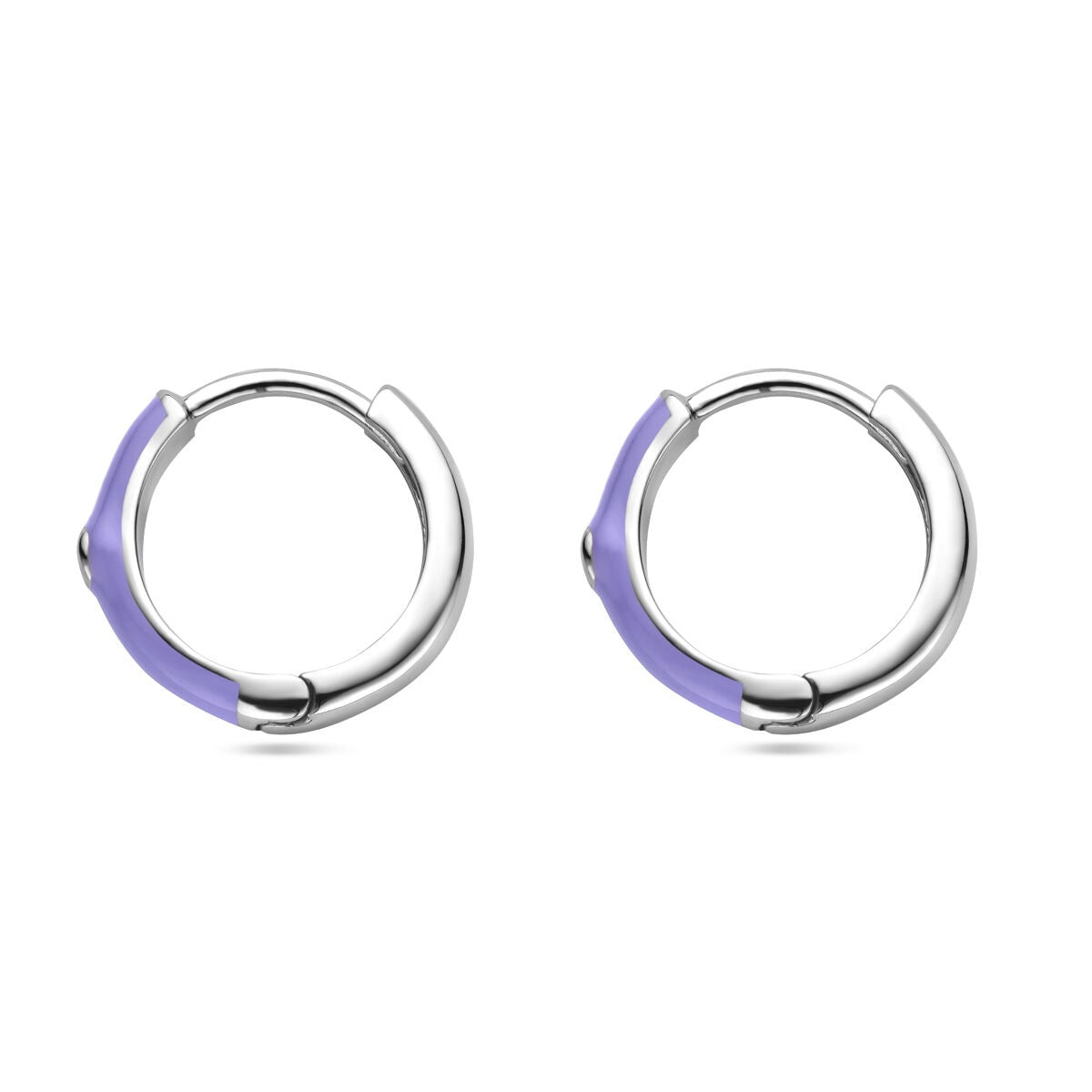 Zilveren klapoorringen met paars emaille en zirkonia, gerhodineerd, diameter 15 mm.