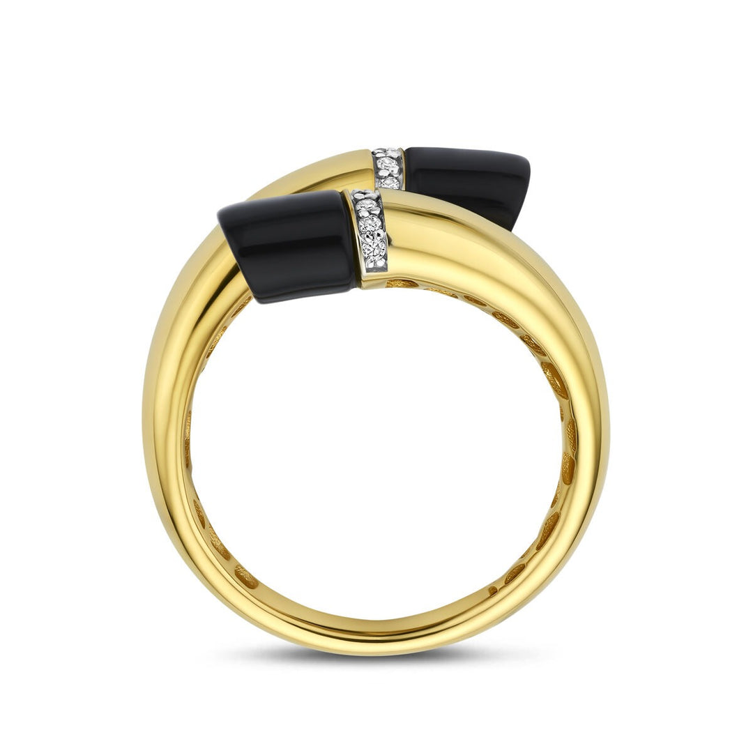 14k Geelgouden dames ring met onyx en diamant – 16 mm breed